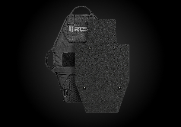 Front-facing image of the RTS Tactical Mini Shield and Rapid Deploy Carrier showing rugged black build and tactical design.