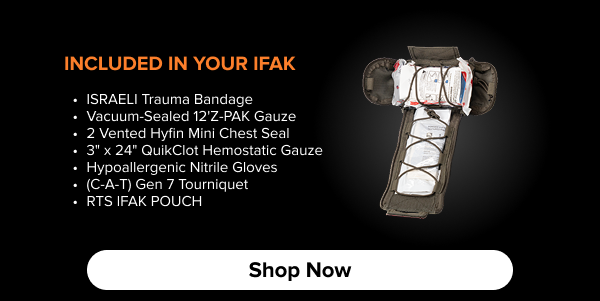 IFAK Mini includes tourniquet, chest seals, hemostatic gauze, gloves, trauma bandage, and pouch.