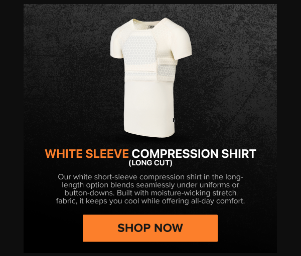 RTS Tactical White Sleeve Compression Shirt (Long Cut) – moisture-wicking ballistic shirt designed for comfort under uniforms.