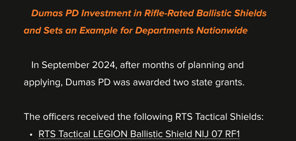     Dumas PD Investment in Rifle-Rated Ballistic Shields and Sets an Example for Departments Nationwide
