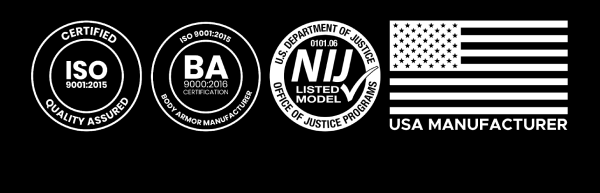 RTS Tactical: ISO 9001, BA 9000, NIJ certification badges and USA manufacturer emblem.