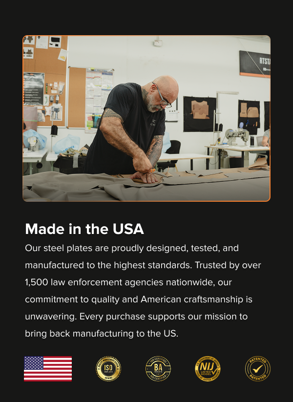 RTS Tactical craftsman working on armor materials in U.S. facility. Text: Made in the USA – Trusted by 1,500+ agencies. Includes American flag and certification badges.
