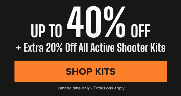 Promotional banner: Up to 40% Off plus Extra 20% Off Active Shooter Kits. Orange button reads Shop Kits.