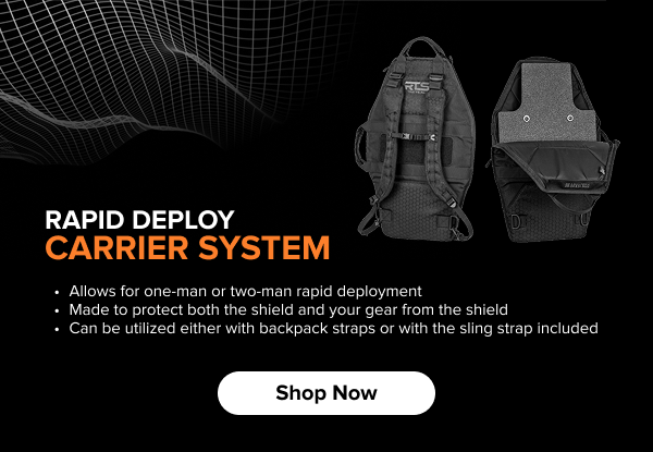 RTS Tactical Rapid Deploy Carrier System with backpack and sling-style straps shown, enabling fast one- or two-man shield deployment.