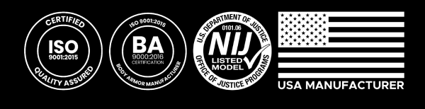 RTS Tactical ISO 9001 certified, BA 9000 certified, NIJ listed model, USA manufacturer badges