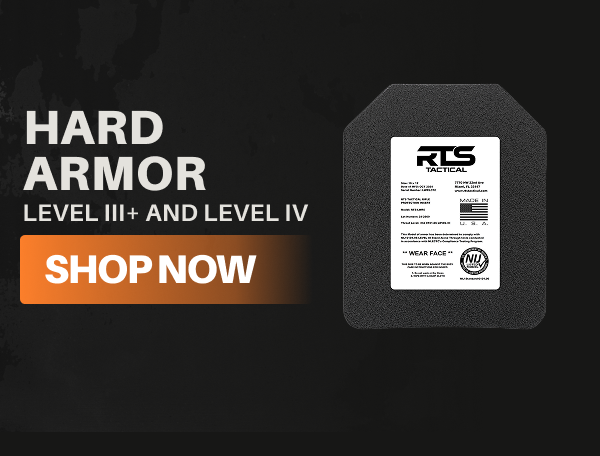 RTS Tactical Level III+ and Level IV Hard Armor Plate with label. Text overlay: Hard Armor – Shop Now.