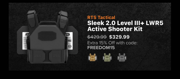 RTS Tactical Sleek 2.0 Level III+ LWR5 Active Shooter Kit. Shown in black with color options. 15% off with FREEDOM15.