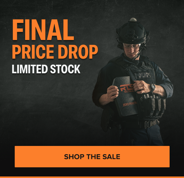 Police officer in tactical gear holding ballistic armor plate with overlay text 