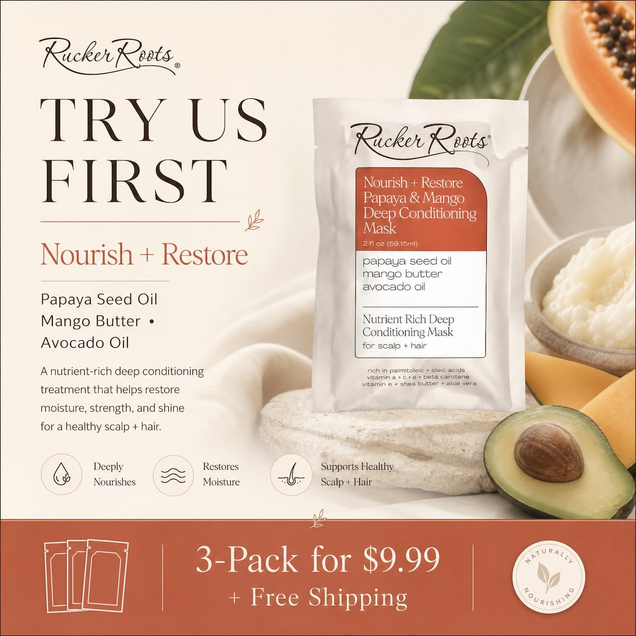 Rucker Roots Trial 3-Pack Deep Conditioning Mask travel size TSA-friendly