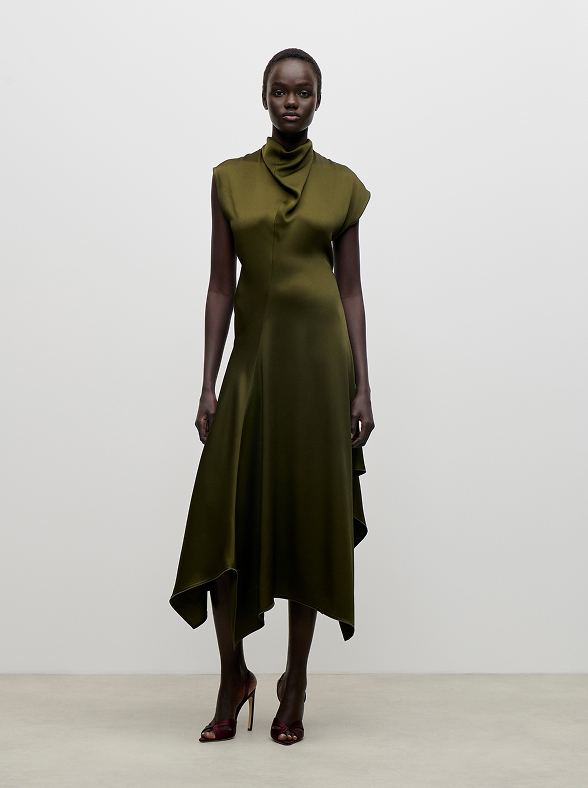High Neck Draped Midi Dress In Green