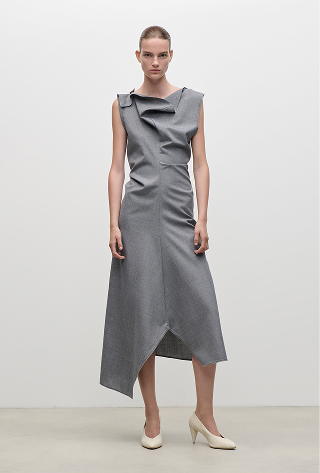 Draped Tailored Midi Dress In Light Grey Melange