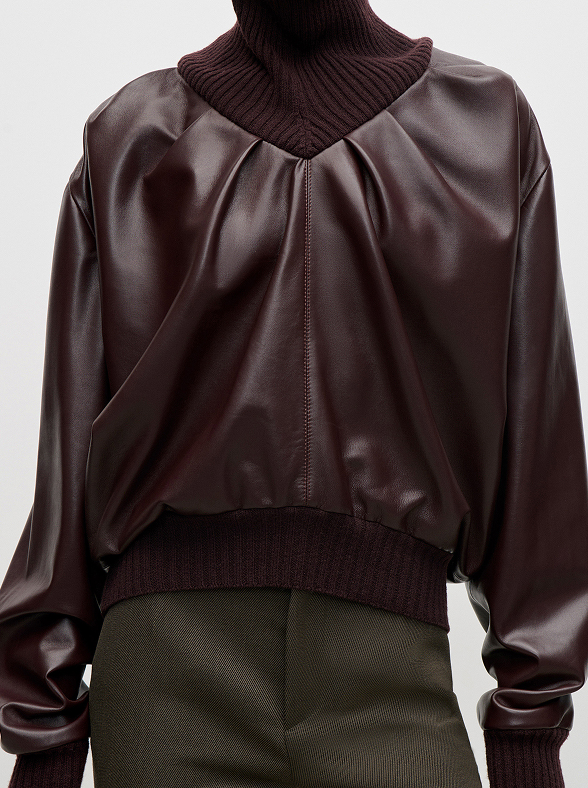 Knitted Collar Leather Top In Burgundy