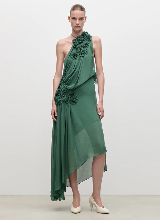 Pleated Applique Gown In Green
