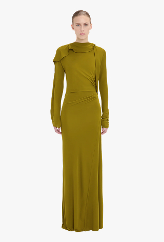 Closed Neck Drape Gown In Moss