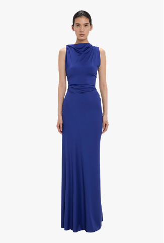 Sleeveless Draped Gown In Bright Indigo