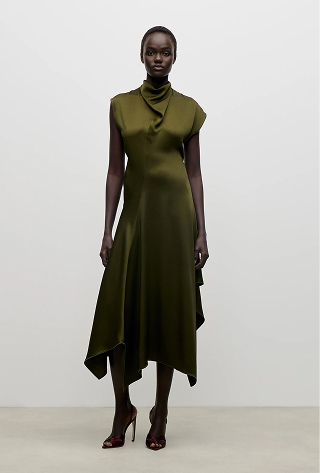 High Neck Draped Midi Dress In Green