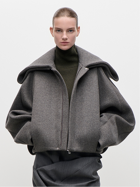 Folded Collar Bomber Jacket In Grey