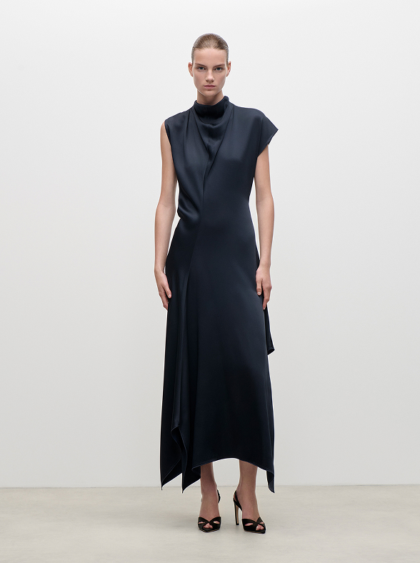 High Neck Draped Midi Dress In Dark Navy