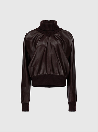 Knitted Collar Leather Top In Burgundy