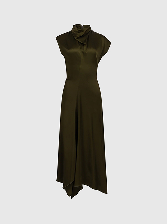 High Neck Draped Midi Dress In Green