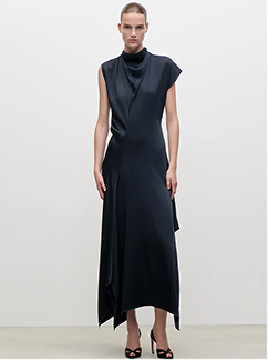 High Neck Draped Midi Dress In Dark Navy