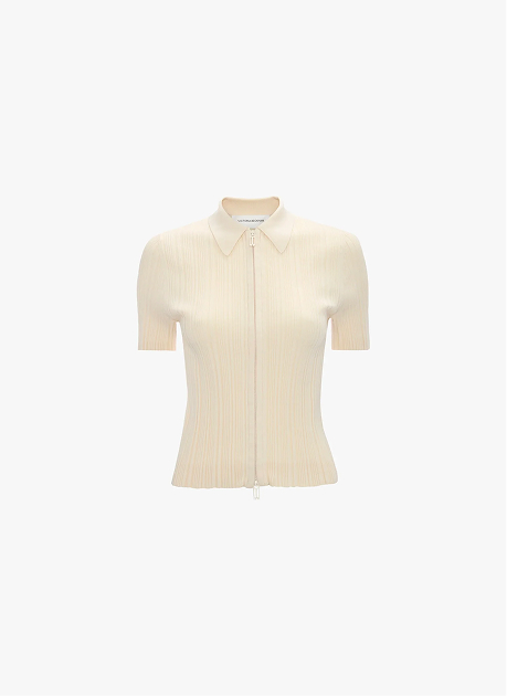 Ribbed Polo Top In Beige