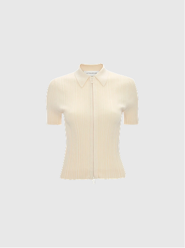 Ribbed Polo Top In Beige