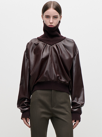 Knitted Collar Leather Top In Burgundy