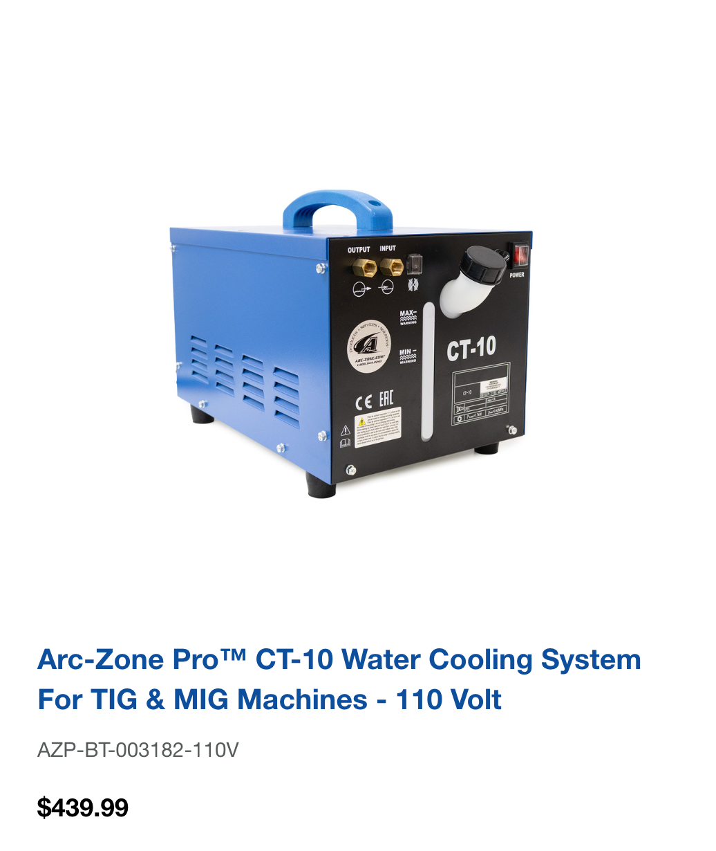 Arc-Zone Pro™ CT-10 Water Cooling System for TIG & MIG Machines - 110 Volt
