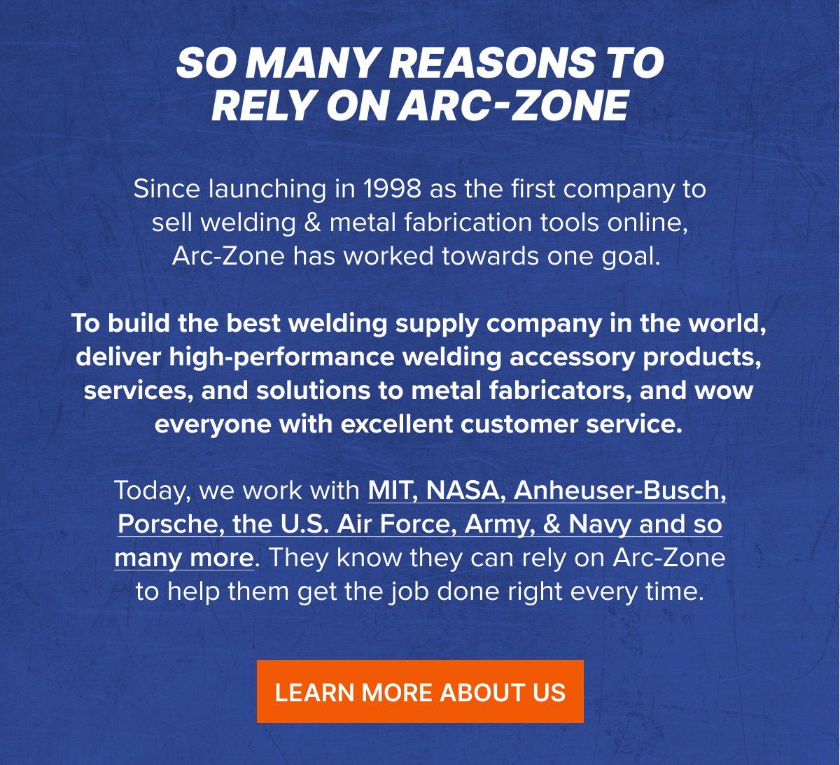 So Many Reasons to Rely on Arc-Zone: Since launching in 1998 as the first company to sell welding & metal fabrication tools online, Arc-Zone has worked towards one goal.    To build the best welding supply company in the world, deliver high-performance welding accessory products, services, and solutions to metal fabricators, and wow everyone with excellent customer service. Today, we work with MIT, NASA, Anheuser-Busch, Porsche, the U.S. Air Force, Army, & Navy and so many more. They know they can rely on Arc-Zone to help them get the job done right every time.