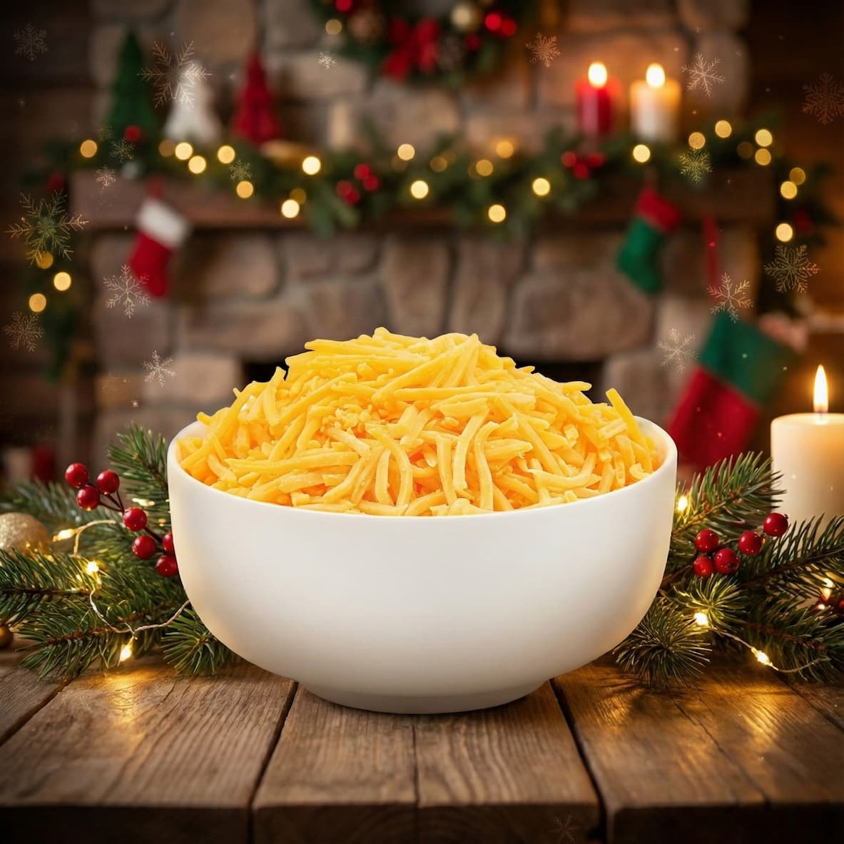 Holiday-themed photo of a bowl of tomato basil soup topped with croutons, surrounded by Christmas candles, pine branches, berries, and warm festive lights.