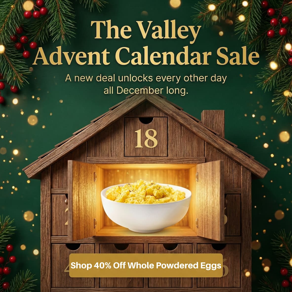 Holiday-themed photo of a bowl of tomato basil soup topped with croutons, surrounded by Christmas candles, pine branches, berries, and warm festive lights.