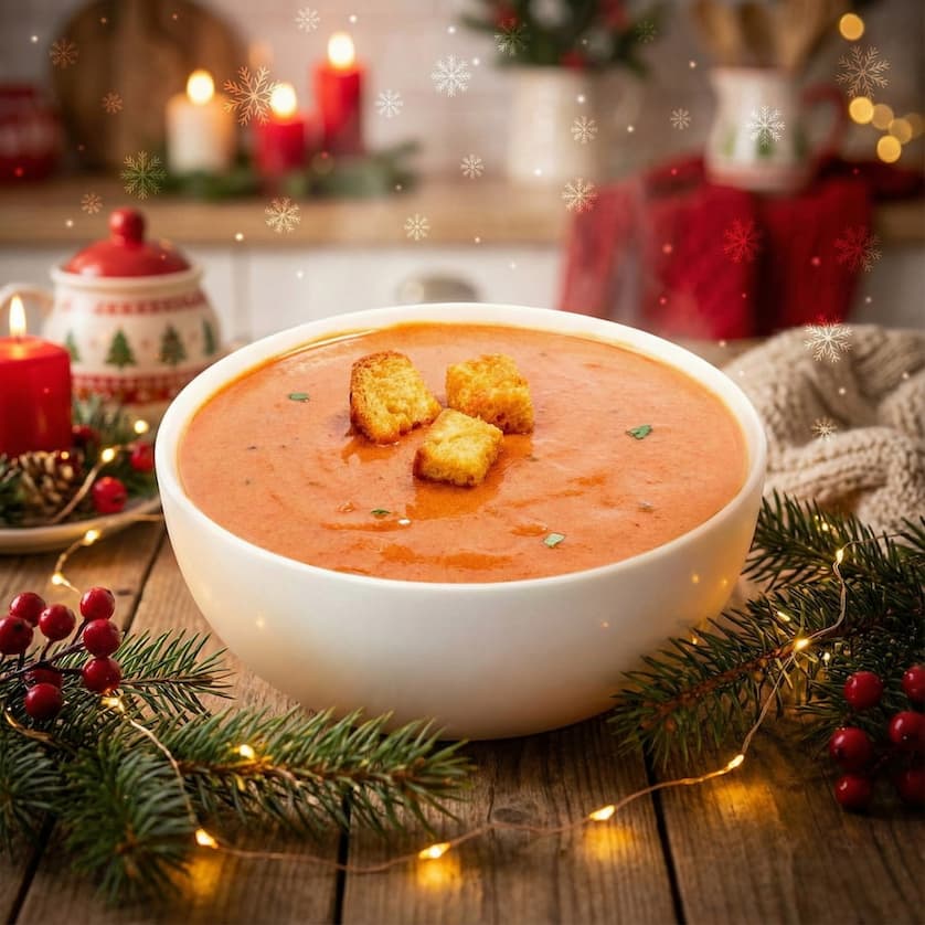 Holiday-themed photo of a bowl of tomato basil soup topped with croutons, surrounded by Christmas candles, pine branches, berries, and warm festive lights.