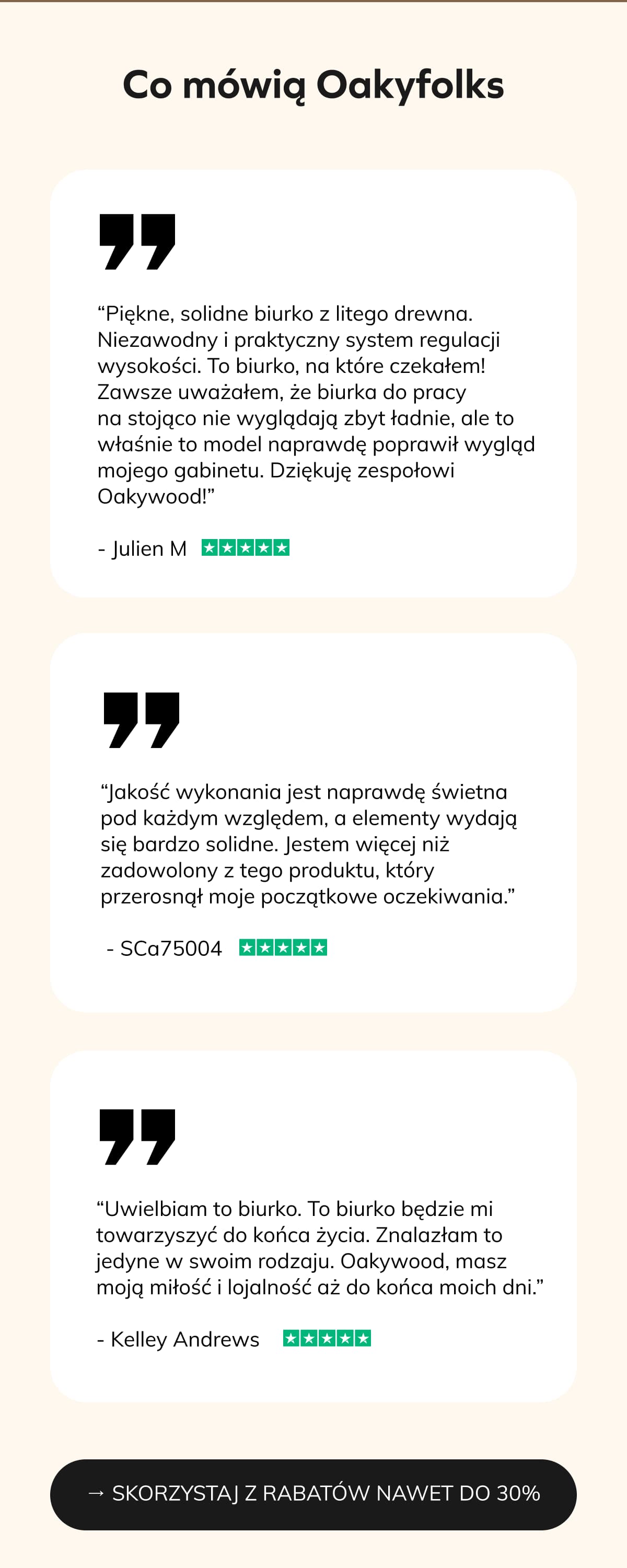Co mówią Oakyfolks ⭐⭐⭐⭐⭐ “Piękne, solidne biurko z litego drewna. Niezawodny i praktyczny system regulacji wysokości. To biurko, na które czekałem! Zawsze uważałem, że biurka do pracy na stojąco nie wyglądają zbyt ładnie, ale to właśnie to model naprawdę poprawił wygląd mojego gabinetu. Dziękuję zespołowi Oakywood!” - Julien M  ⭐⭐⭐⭐⭐ “Jakość wykonania jest naprawdę świetna pod każdym względem, a elementy wydają się bardzo solidne. Jestem więcej niż zadowolony z tego produktu, który przerosnął moje początkowe oczekiwania.” - SCa75004  ⭐⭐⭐⭐⭐ “Uwielbiam to biurko. To biurko będzie mi towarzyszyć do końca życia. Znalazłam to jedyne w swoim rodzaju. Oakywood, masz moją miłość i lojalność aż do końca moich dni.” - Kelley Andrews