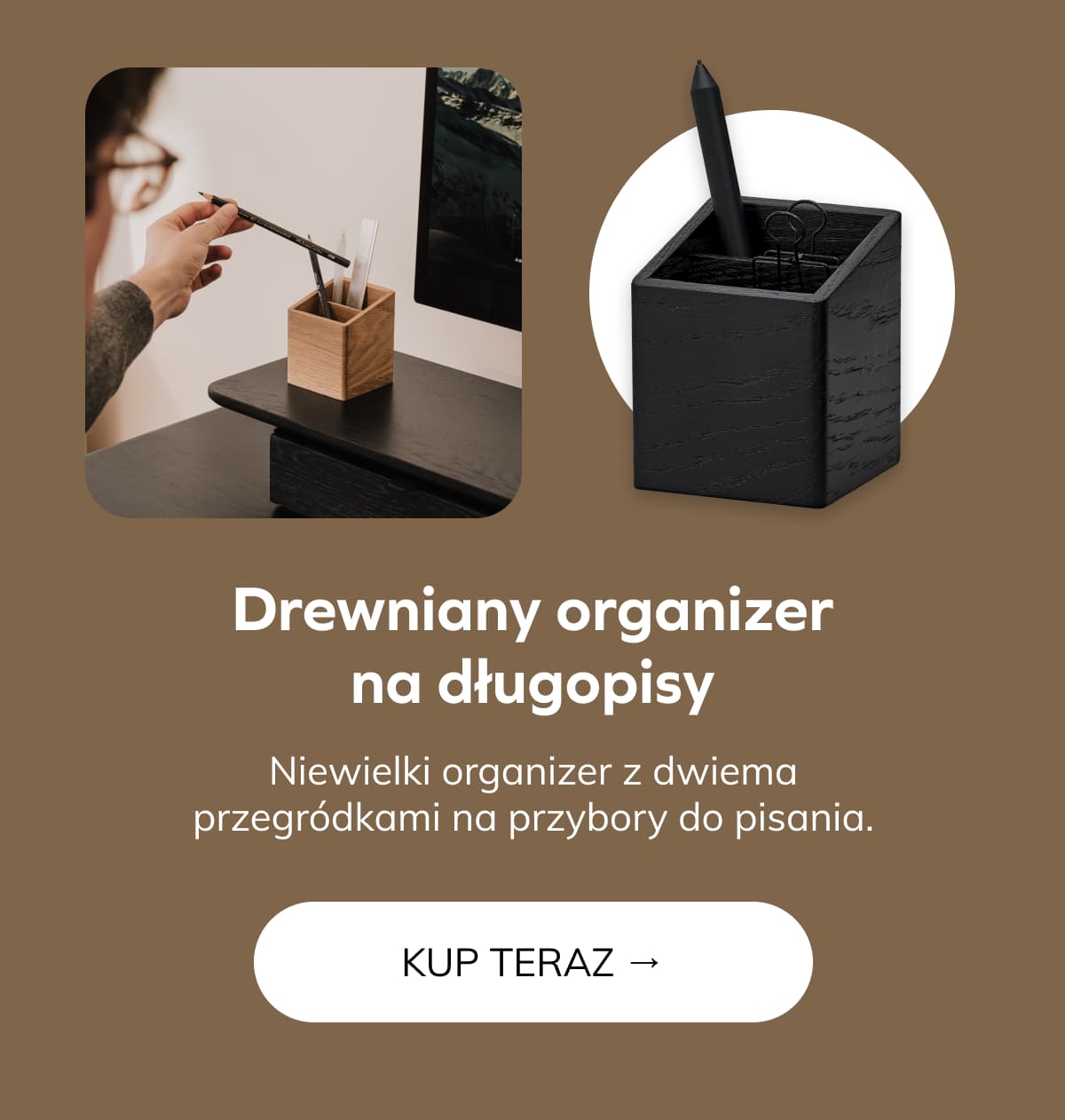 Drewniany organizer na długopisy Niewielki organizer z dwiema przegródkami na przybory do pisania. 