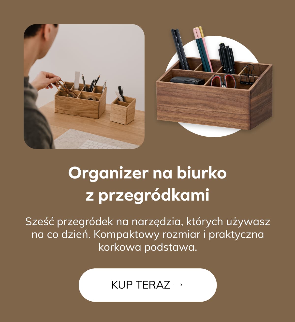 Organizer na biurko z przegródkami Sześć przegródek na narzędzia, których używasz na co dzień. Kompaktowy rozmiar i praktyczna korkowa podstawa.