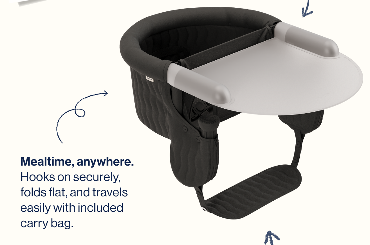 Mealtime, anywhere. Hooks on securely, folds flat, and travels easily with included carry bag.