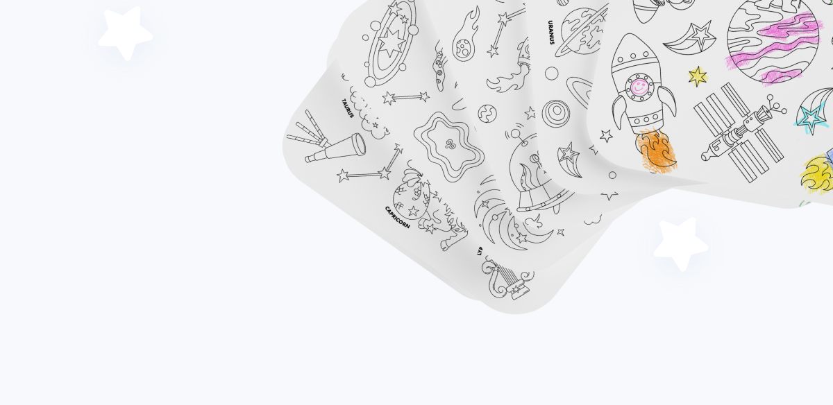 Playtime meets outer space with our Giant Coloring Sheets—in galactic designs! The perfect sidekick for lunch breaks, dinner downtime, or fueling imagination in between bites.