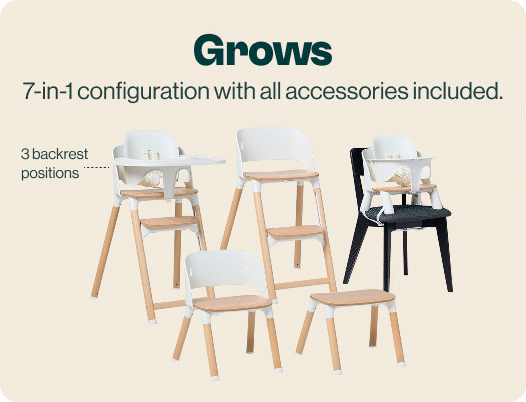 Simplifies: one-hand tray, magnetic-buckle straps, wipeable. Lasts: 33% smaller footprint, built to last. Supports: 90/90/90 ergonomic support. Grows: 7-in-1 configuration with 3 backrest positions and all accessories included.