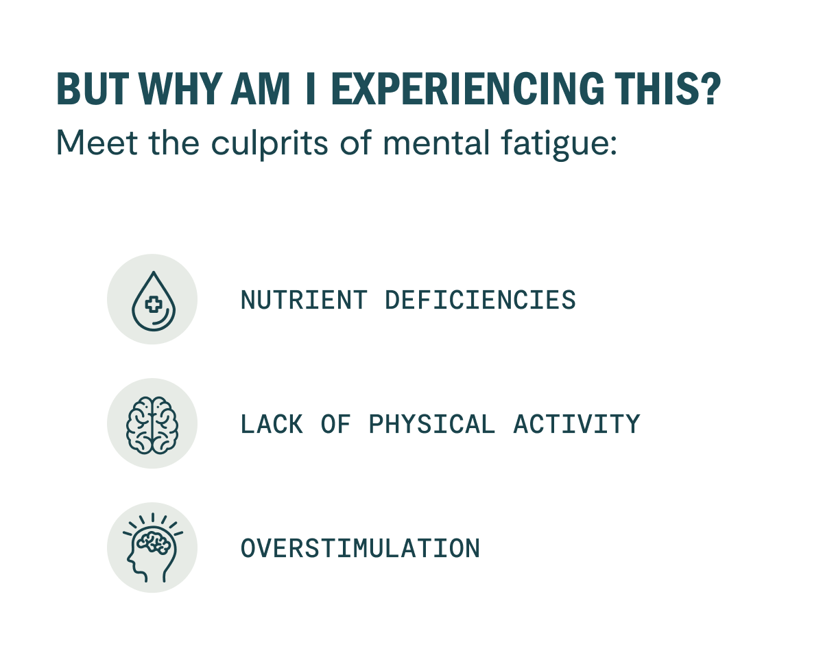 But why am I experiencing this?  Meet the culprits of mental fatigue: Lack of oxygen to the brain Dysregulated blood glucose Overstimulation of the brain