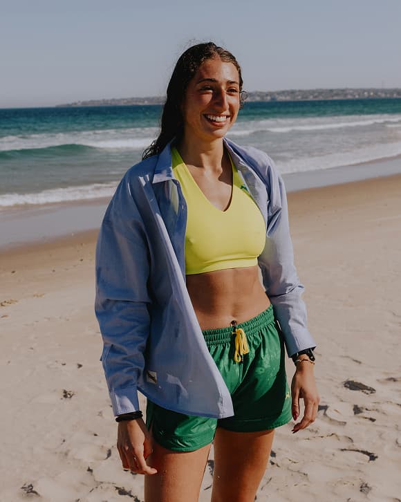 Run Cannonball Run Shorts, Run Bra, and Button-Down