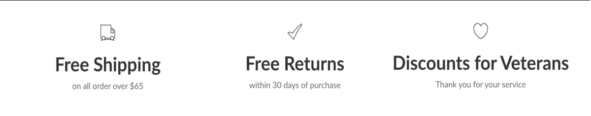 Icons with short labels highlight free shipping, free returns within 30 days, and special pricing for veterans.