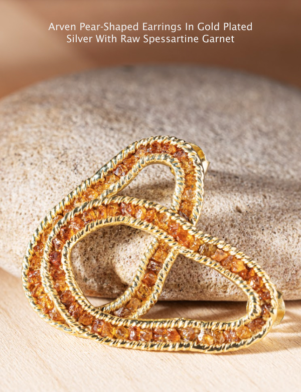 Arven Pear-Shaped Earrings in Gold Plated Silver with Raw Spessartine Garnet