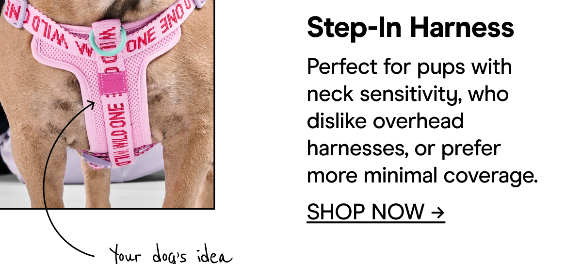 Step-In Harness Perfect for pups with neck sensitivity, who dislike overhead harnesses, or prefer more minimal coverage. SHOP NOW →