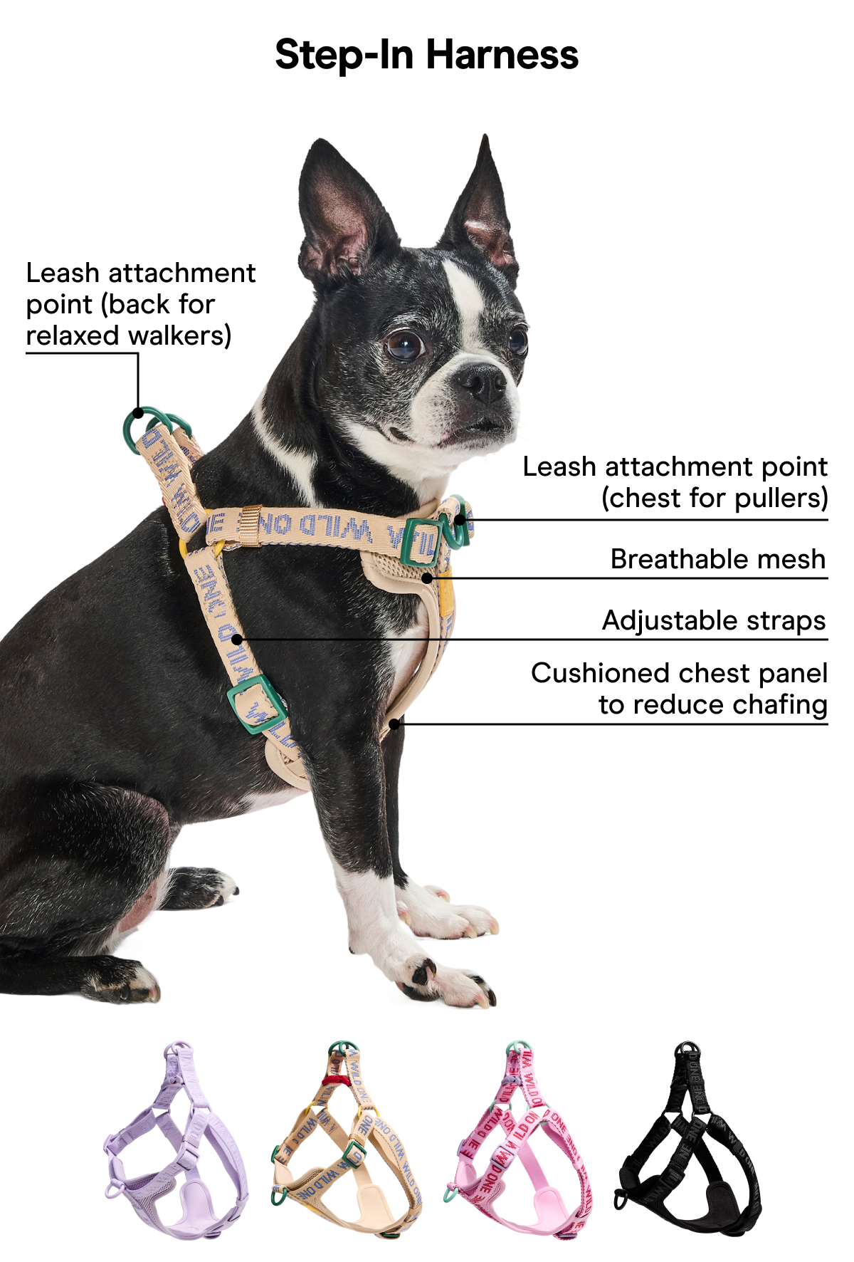 Leash attachment point (back for relaxed walkers) Leash attachment point (chest for pullers) Breathable mesh Adjustable straps Cushioned chest panel to reduce chafing