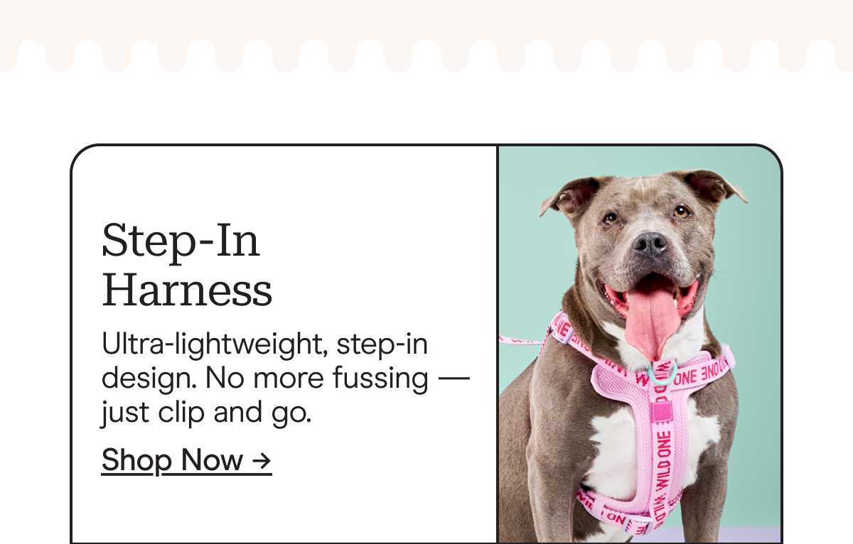 step-in harness ultra-lightweight, step-in design. no more fussing, just clip and go. 