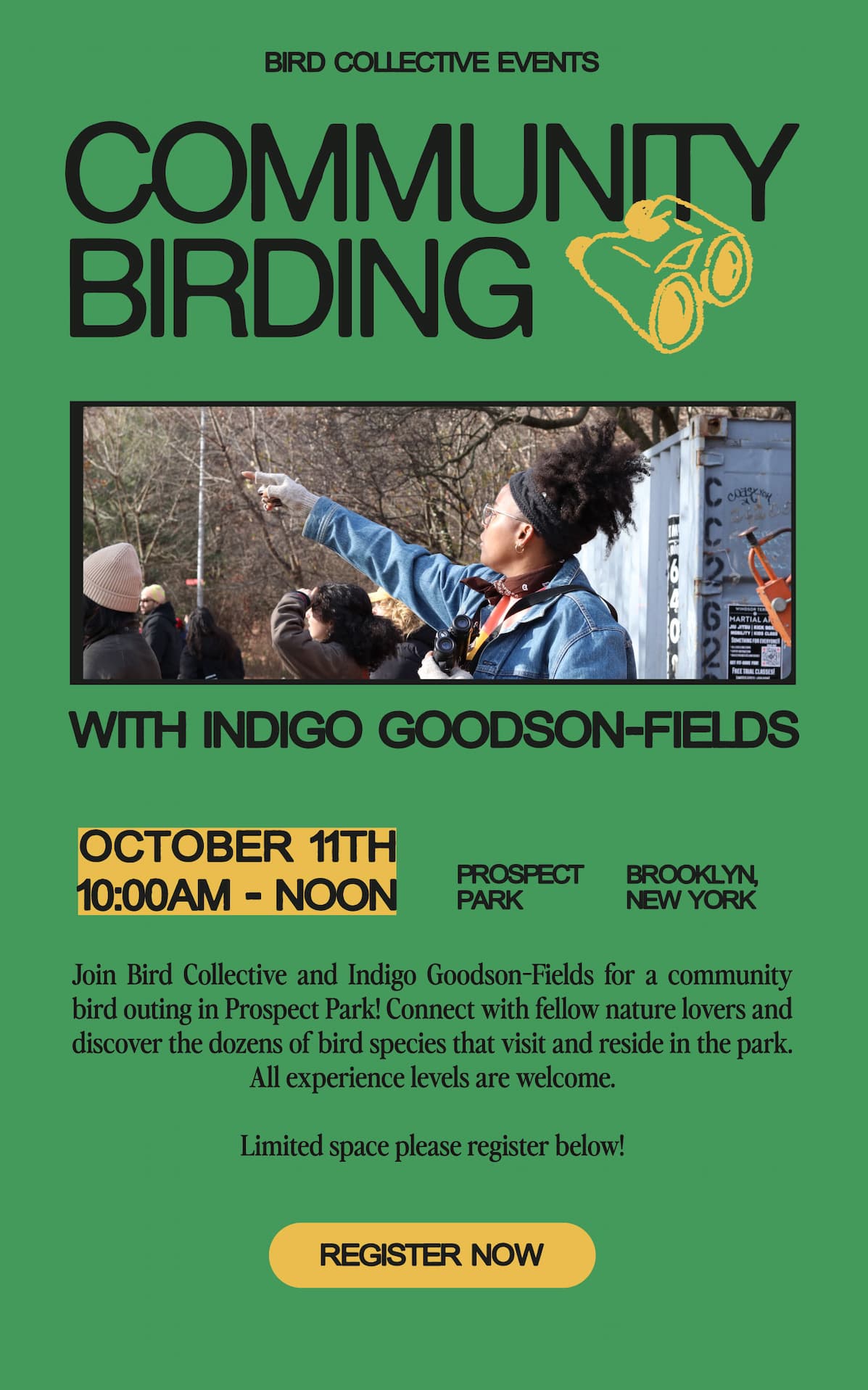 Join Bird Collective and Indigo Goodson-Fields for a community bird outing in Prospect Park! Discover fall migrants, connect with fellow nature lovers, and enjoy the beauty of Brooklyn's birdlife. All experience levels welcome!  Limited space please register below! 