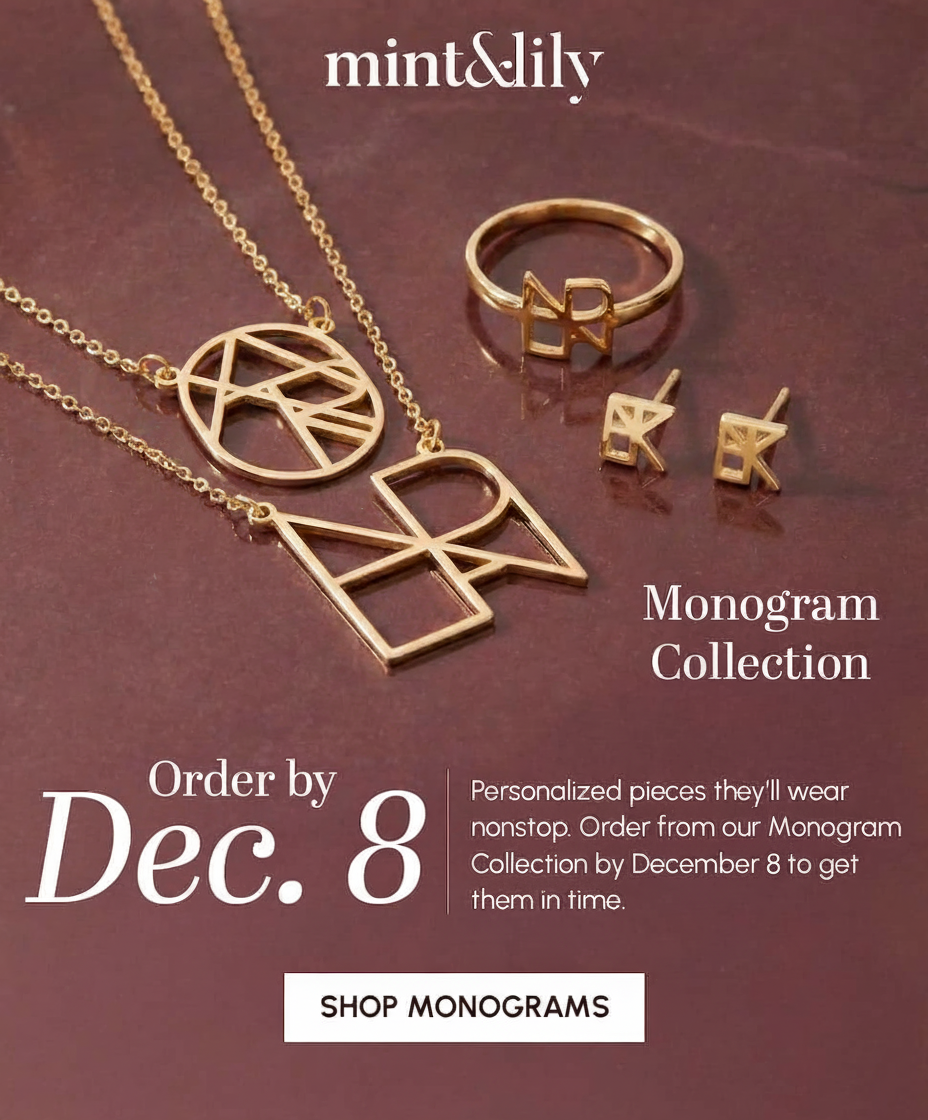 an image of a necklace, ring, and earrings with the word,'shop monogram collection