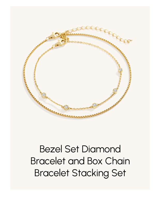 Bezel Set Diamond Bracelet and Box Chain Bracelet Stacking Set