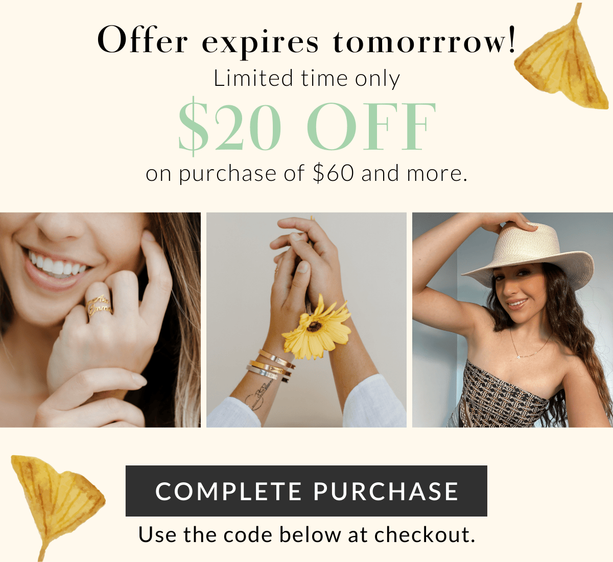 $20 off your next purchase on orders $60+